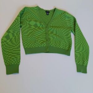 Justify Vibrant Green Knit Button Down Sweater Funky Fun Pattern Stretchy